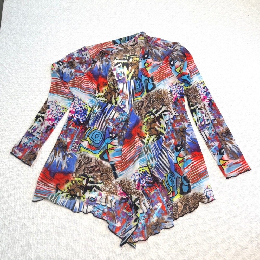 Women Graffiti Print Mesh Cardigan Open Front Handkerchief Hem Multi Color Top